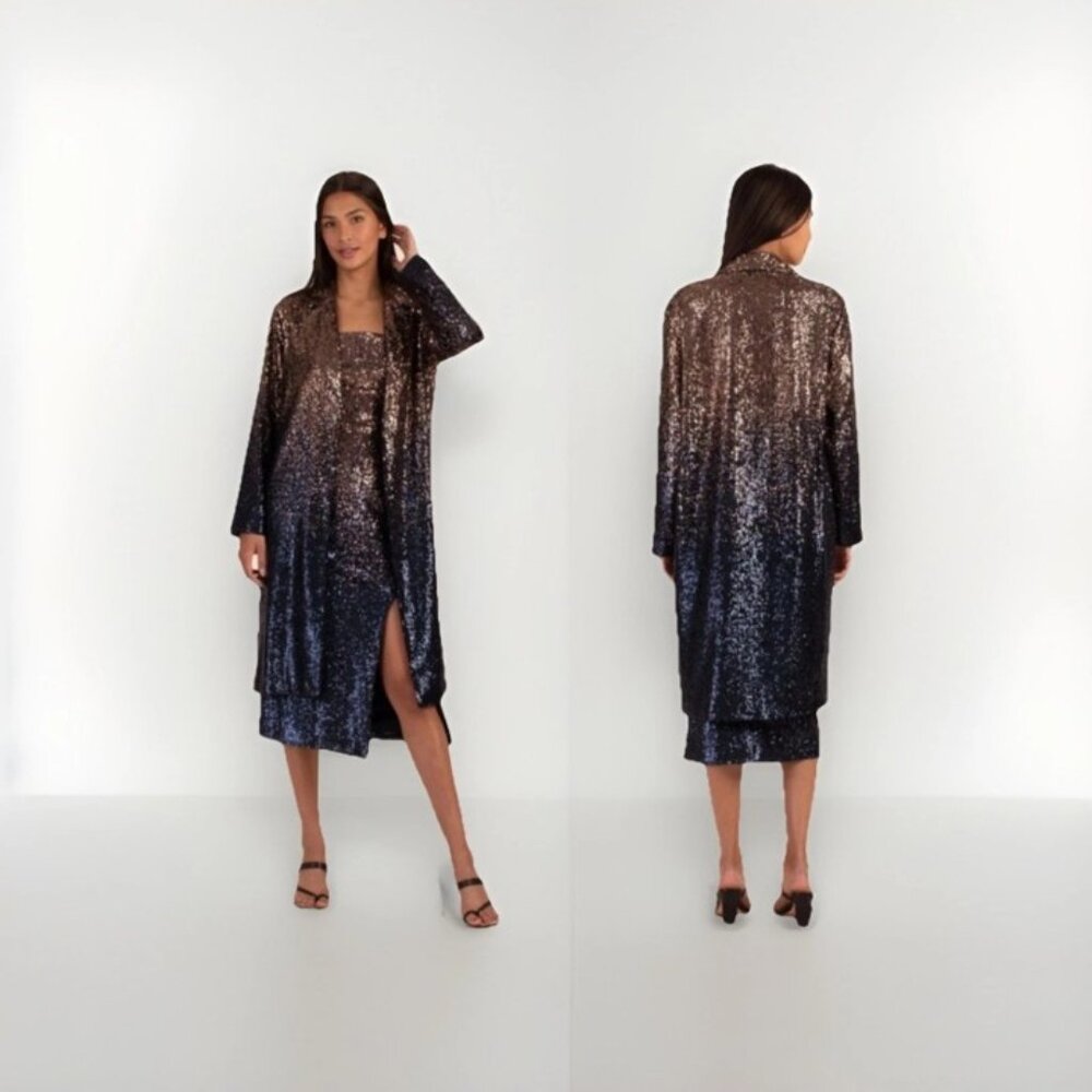 Trina Turk Women's Pisces Metallic Blue Gold Ombre Sequin Open Jacket Coat Sz M